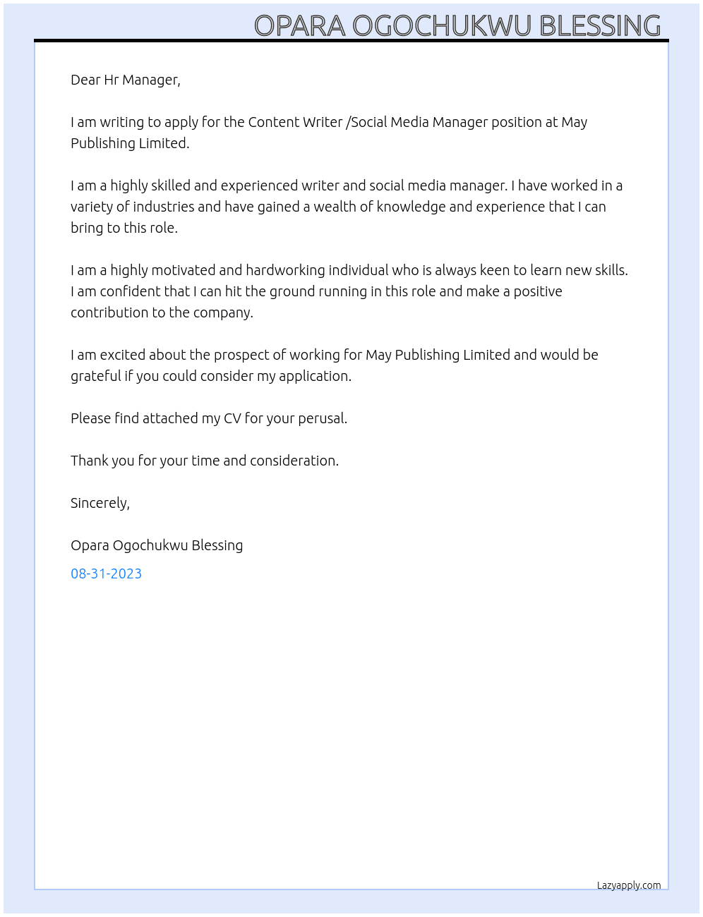 Content Writer /Social Media Manager At May Publishing Limited Cover Letter
