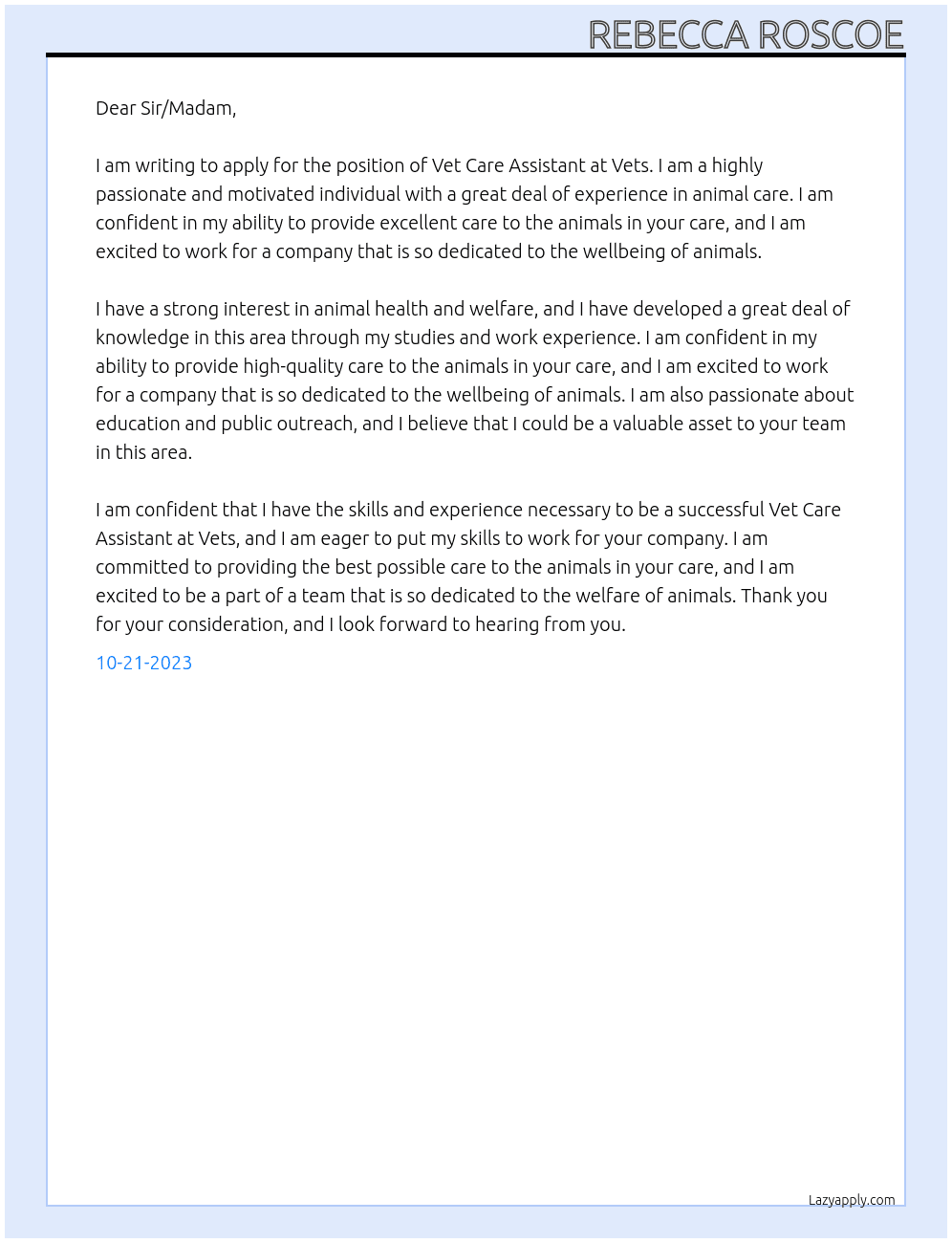 Vet care assistant At Vets Cover Letter