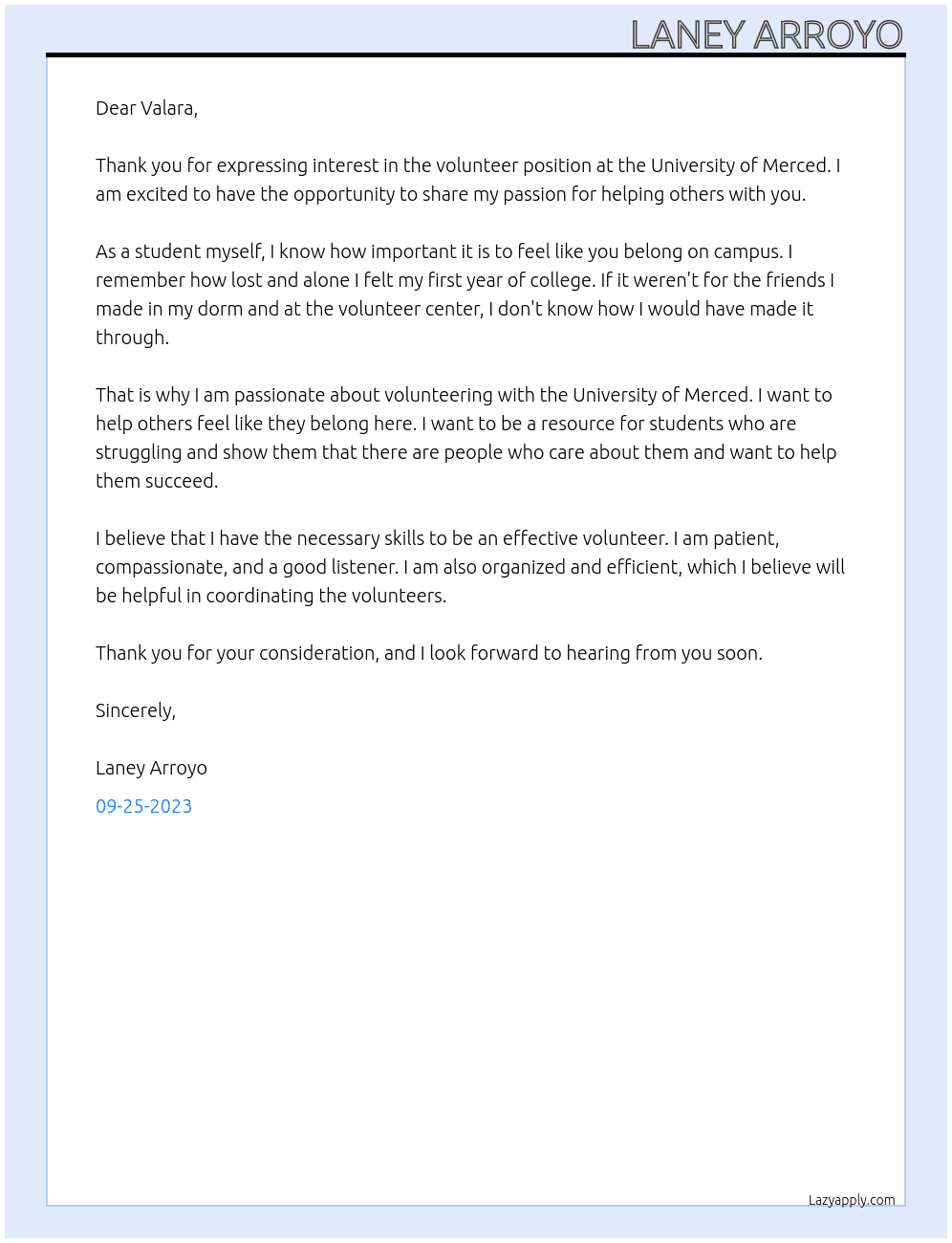 Volunteer At University of Merced  Cover Letter