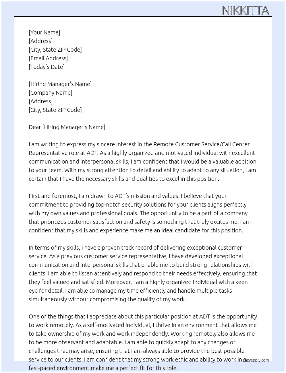 Remote Customer Service/Call Center Representative At ADT Cover Letter