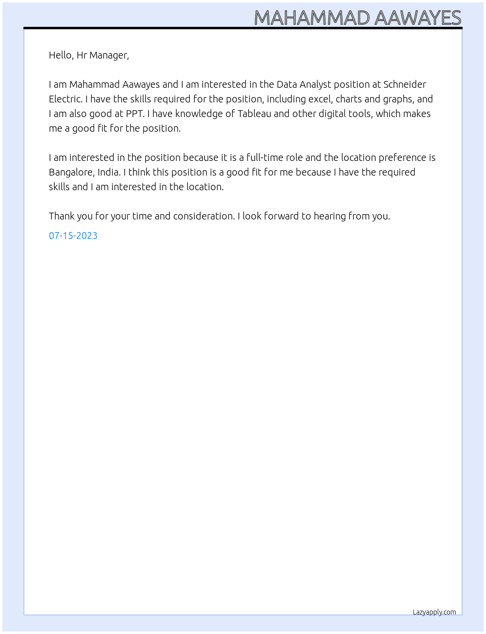 Data Analyst  At Schneider Electric Cover Letter
