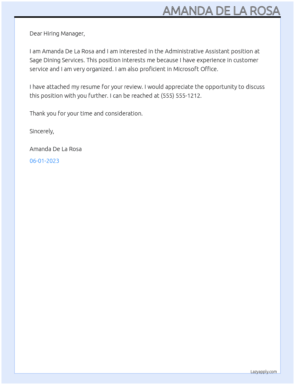 Administrative Assistant At Sage Dining Services Cover Letter