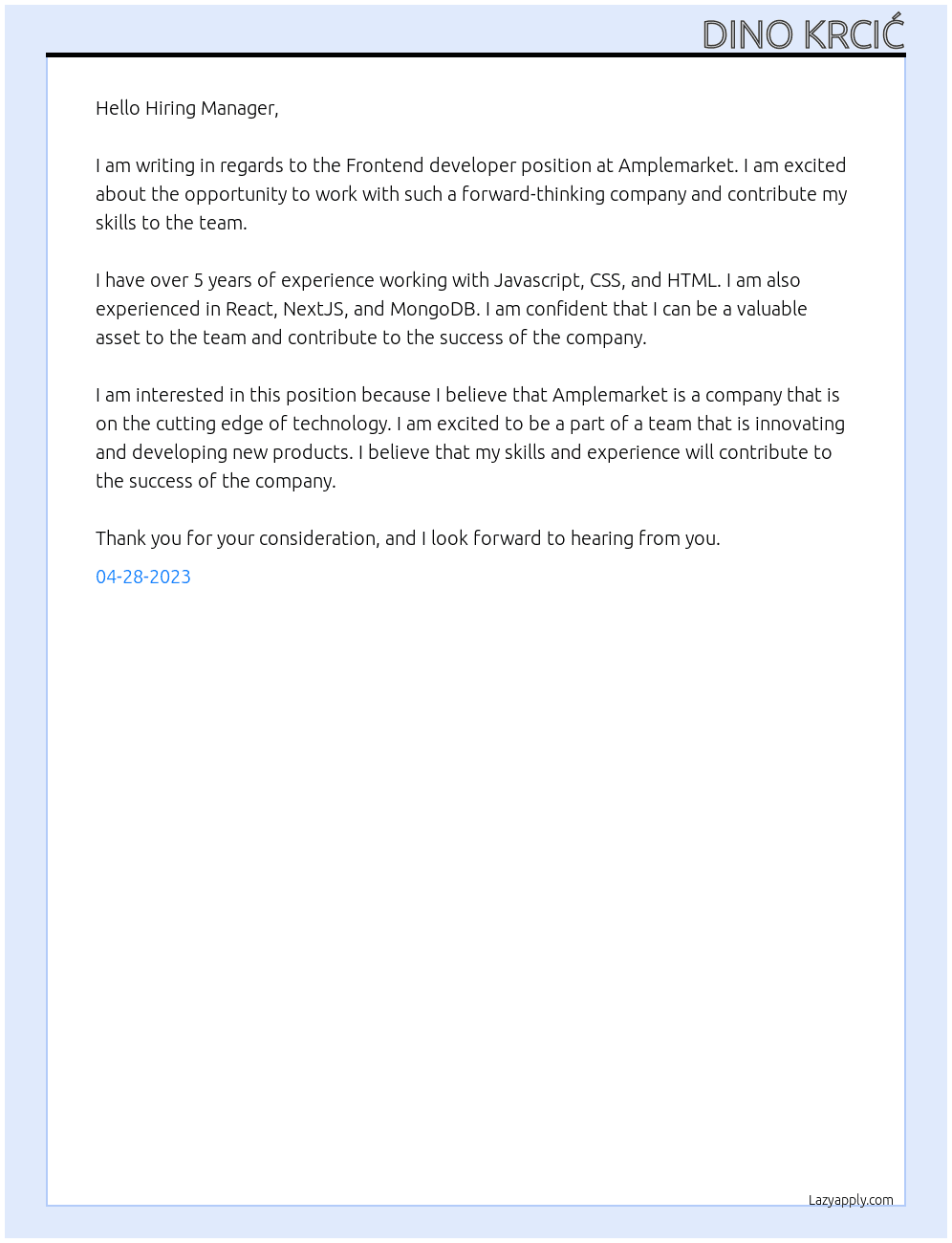 Frontend developer At Amplemarket Cover Letter