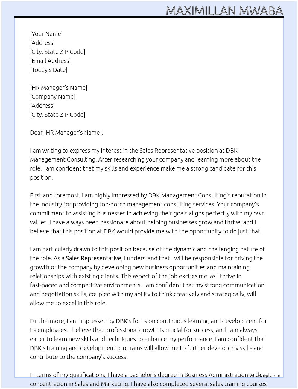 Sales representative At DBK  Management Consulting Cover Letter