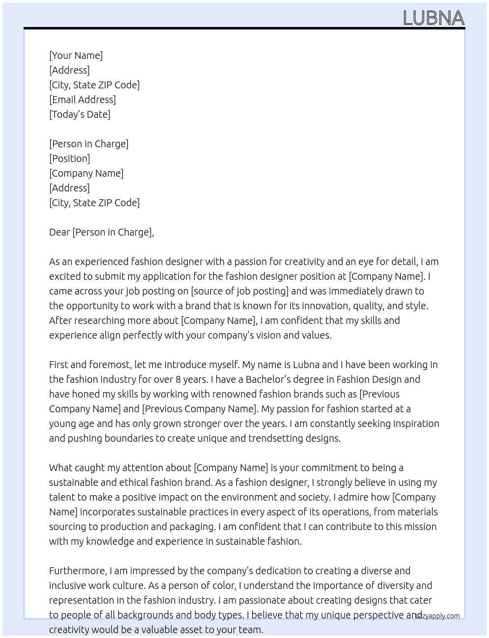 fashion designer At form Cover Letter
