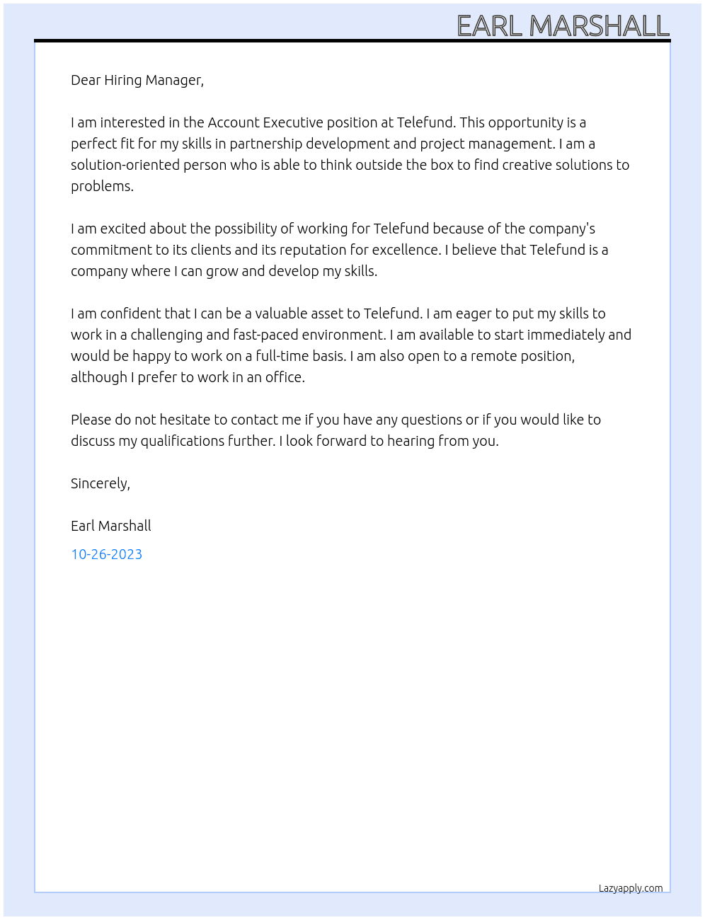 Account Executive At Telefund Cover Letter