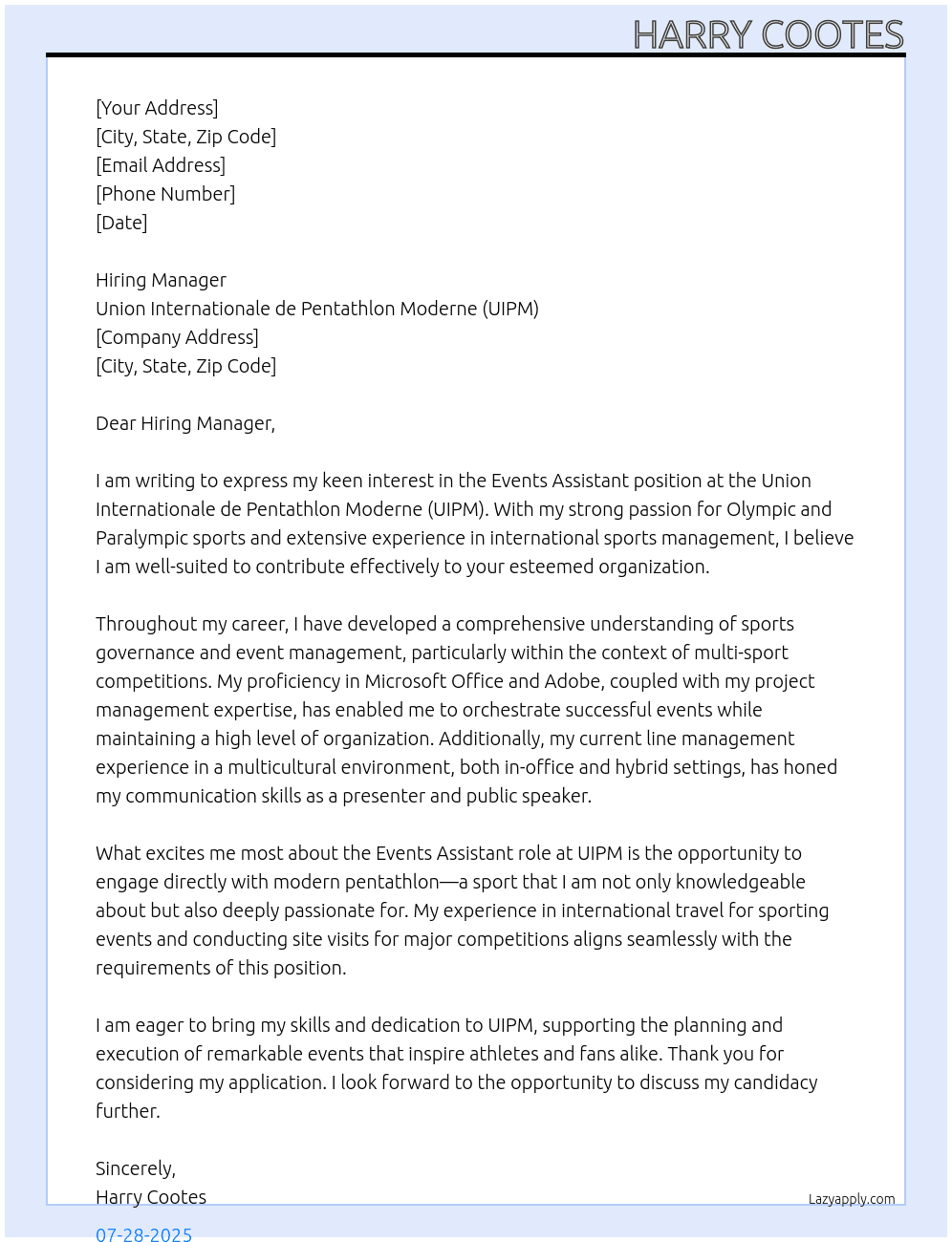 Cover letter for events assistant - LazyApply