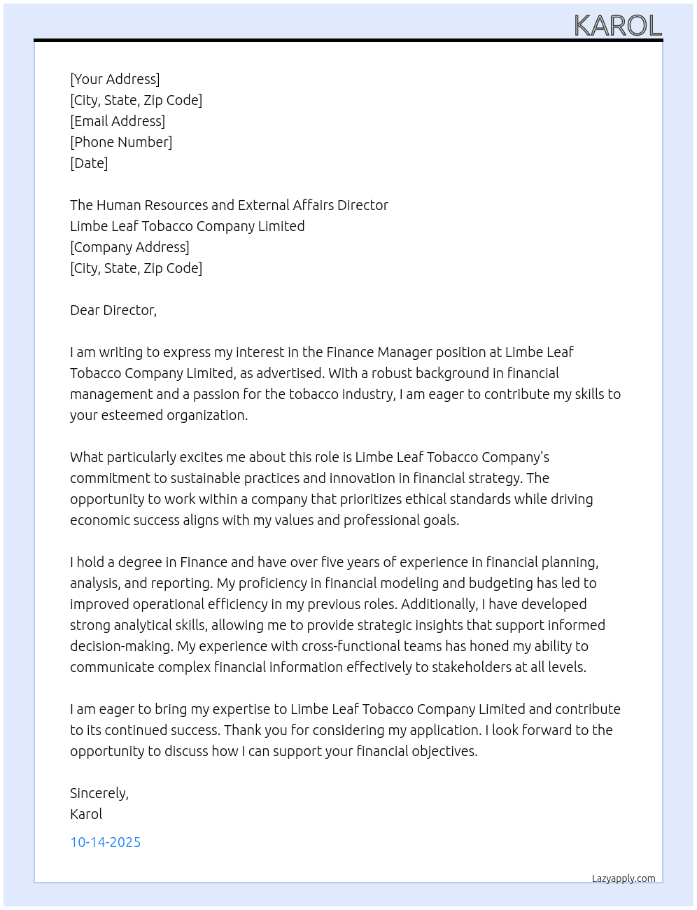 Cover letter for finance manager - LazyApply