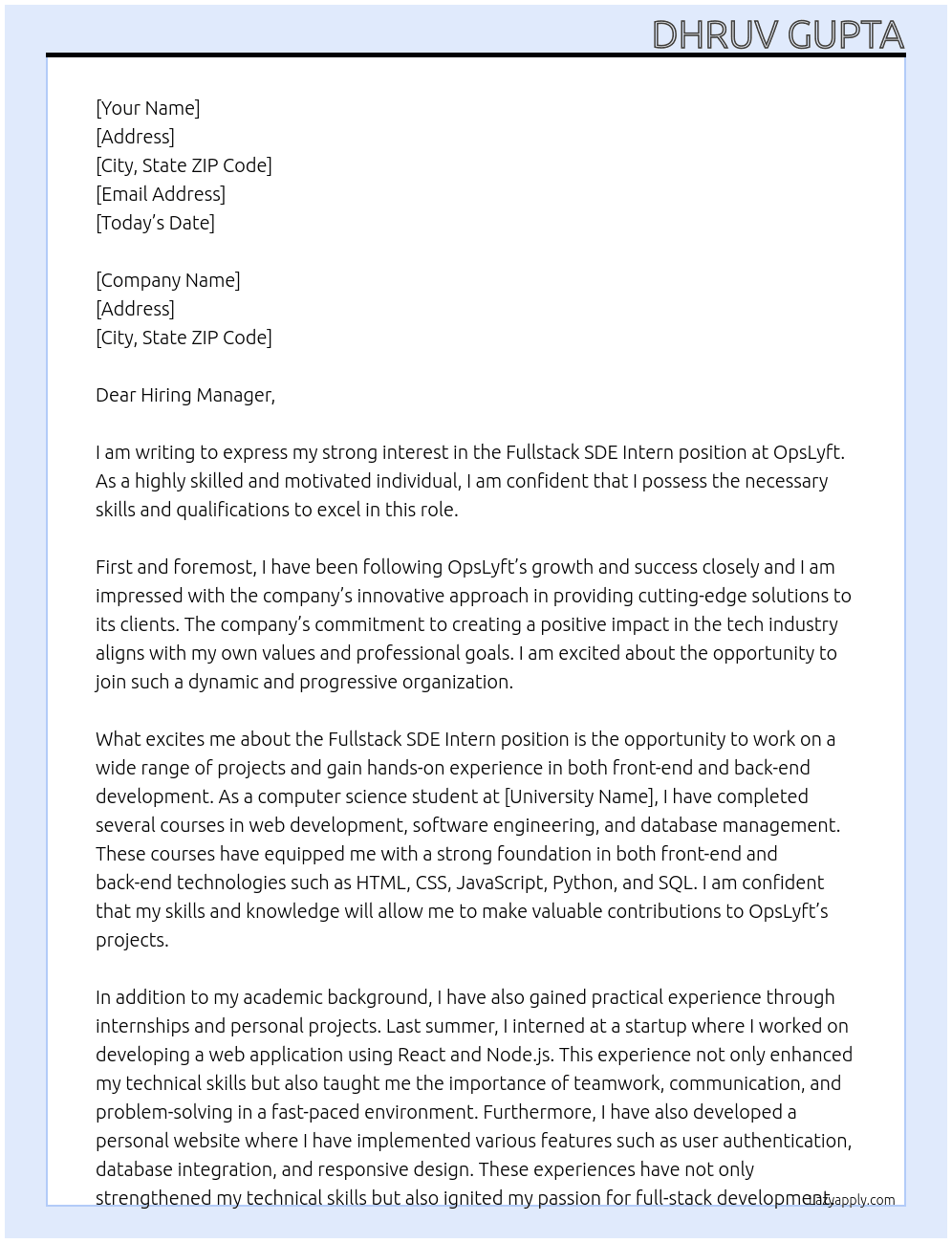Fullstack SDE Intern At OpsLyft Cover Letter