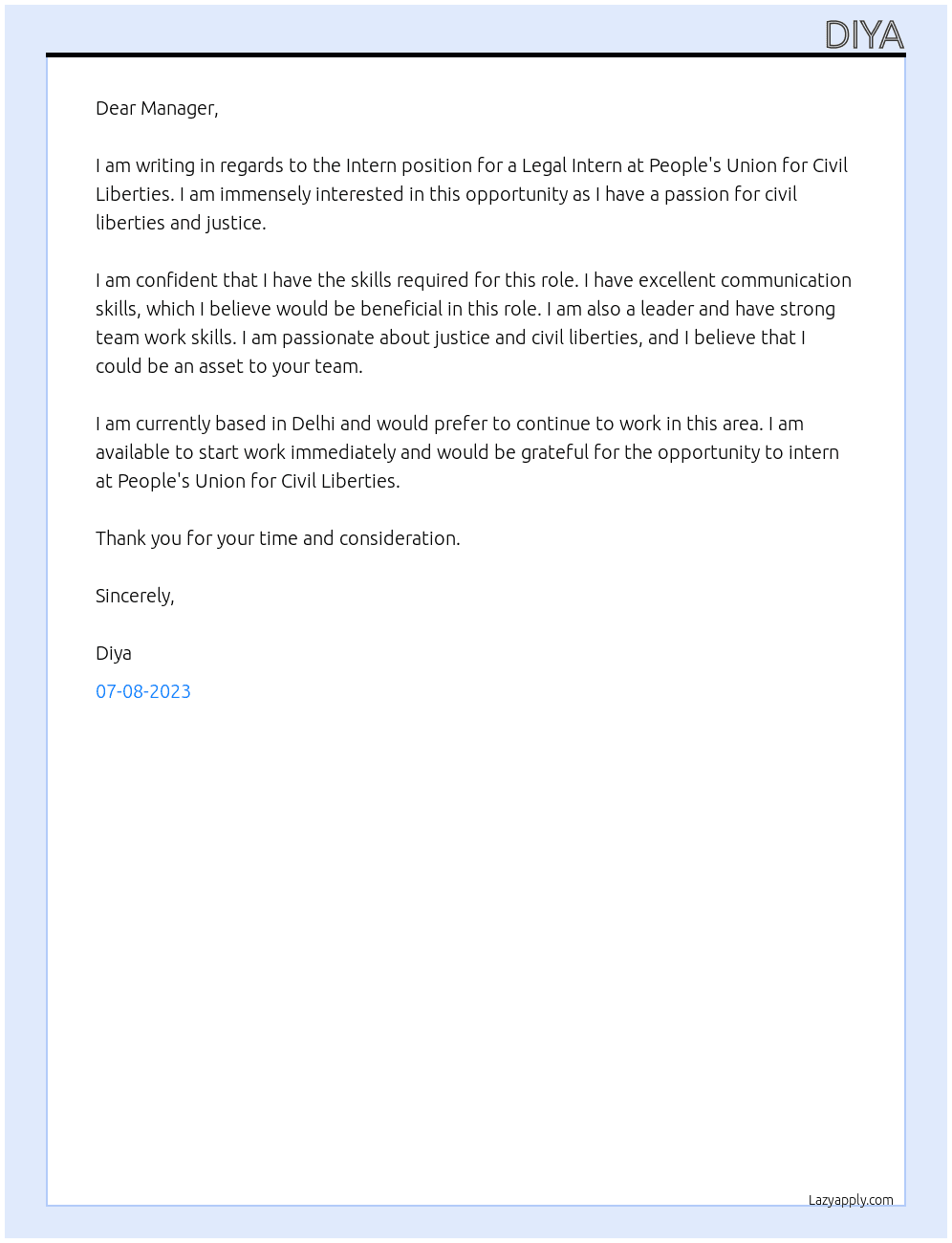 Legal Intern  At People's Union for Civil liberties  Cover Letter