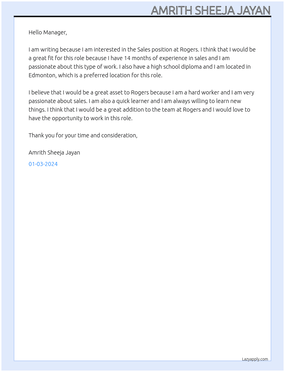 Sales At Rogers  Cover Letter