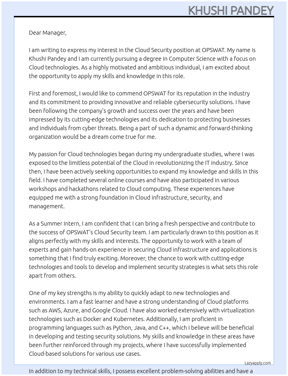 Cover letter for cloud security - LazyApply