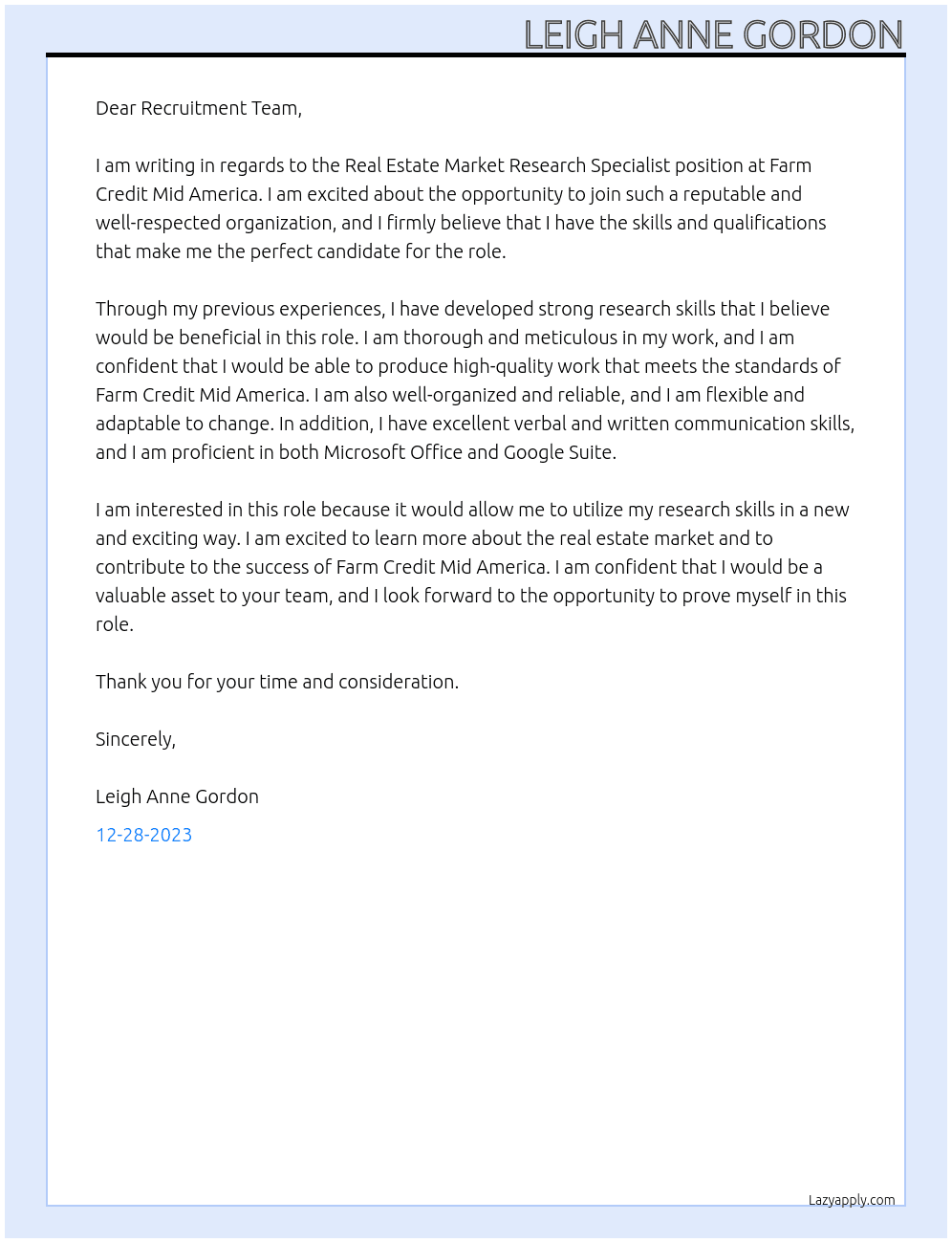 Real Estate Market Research Specialist At Farm Credit Mid America Cover Letter