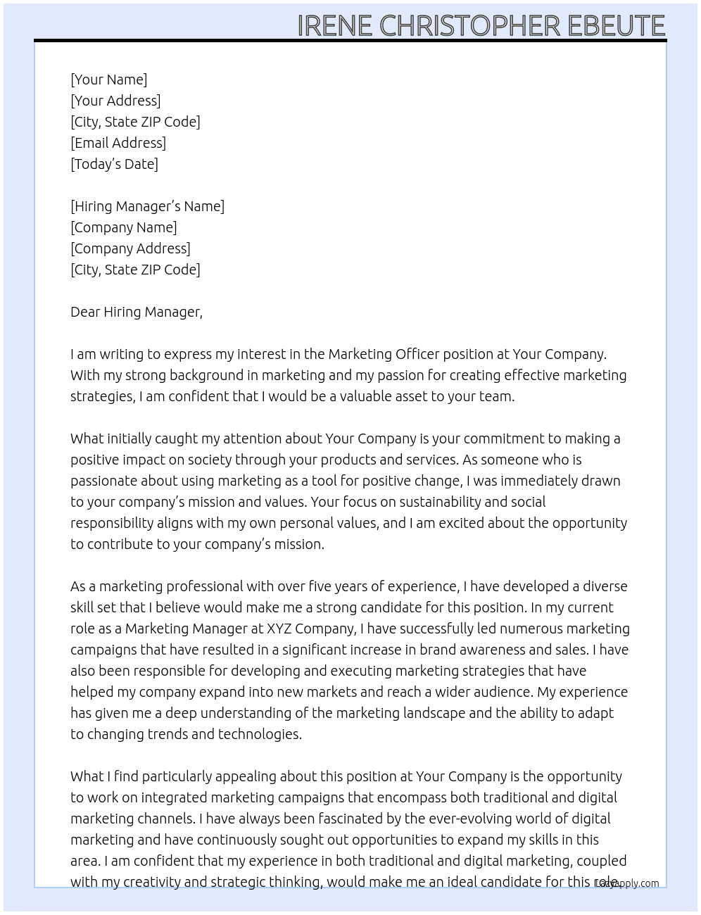 Marketing Officer  At Your Company  Cover Letter