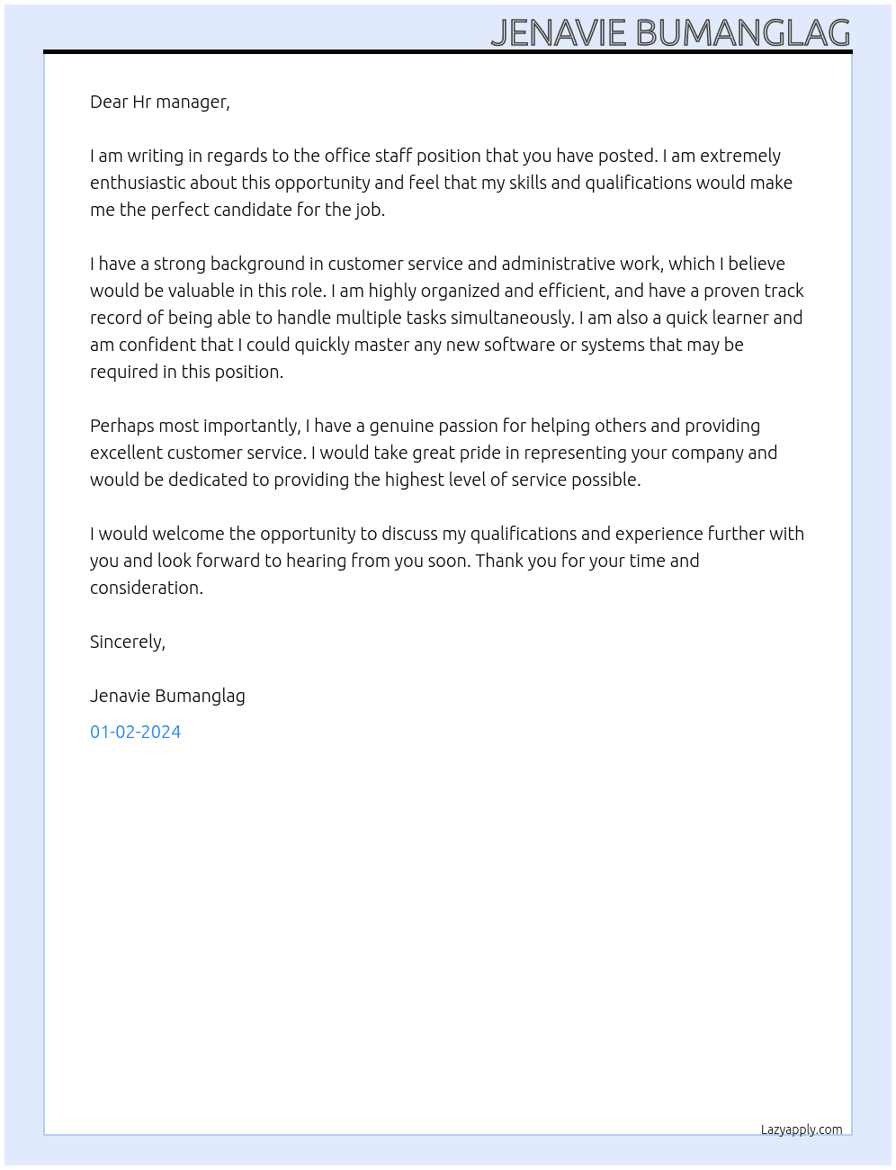 Office staff  At M Lhuillier  Cover Letter