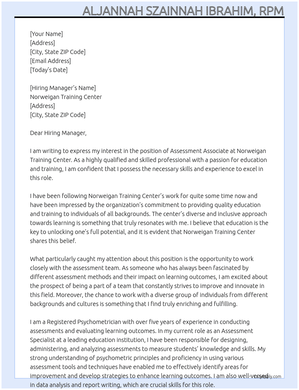 Assessment Associate At Norweigan Training Center Cover Letter