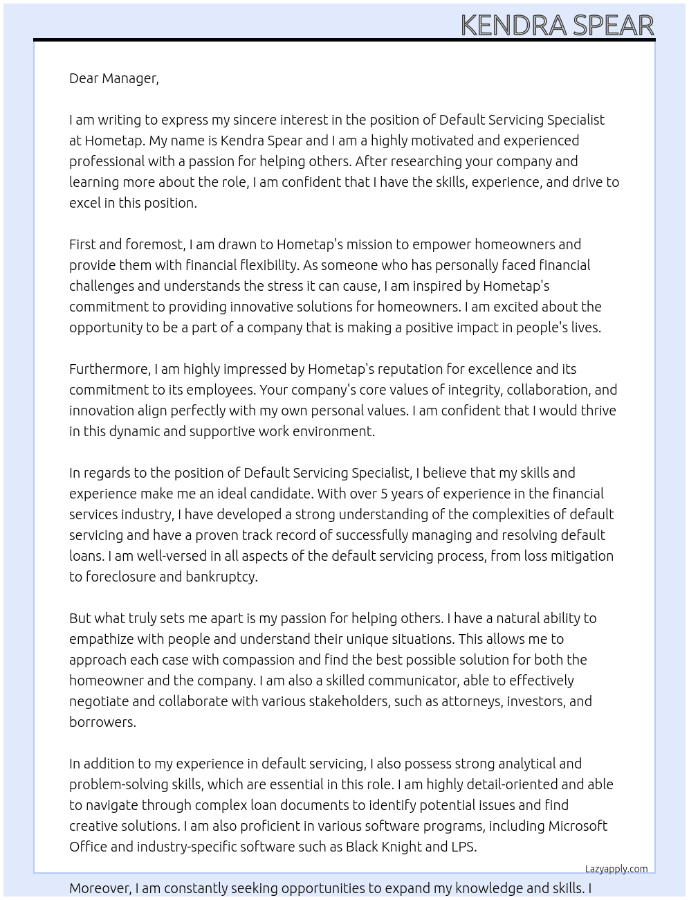 Default Servicing Specialist At Hometap Cover Letter