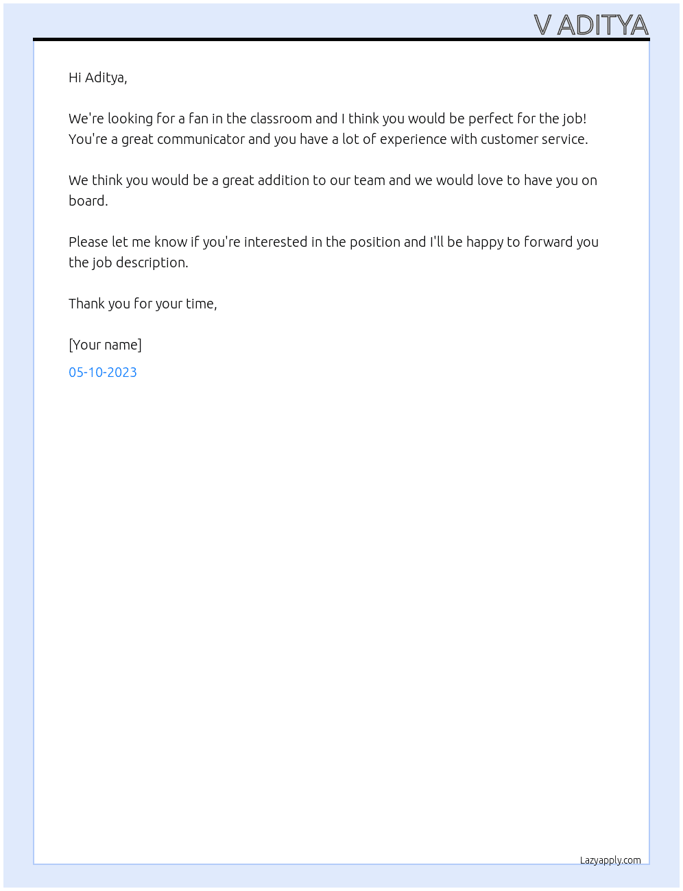 Request for a Fan in the Classroom At HOD Cover Letter