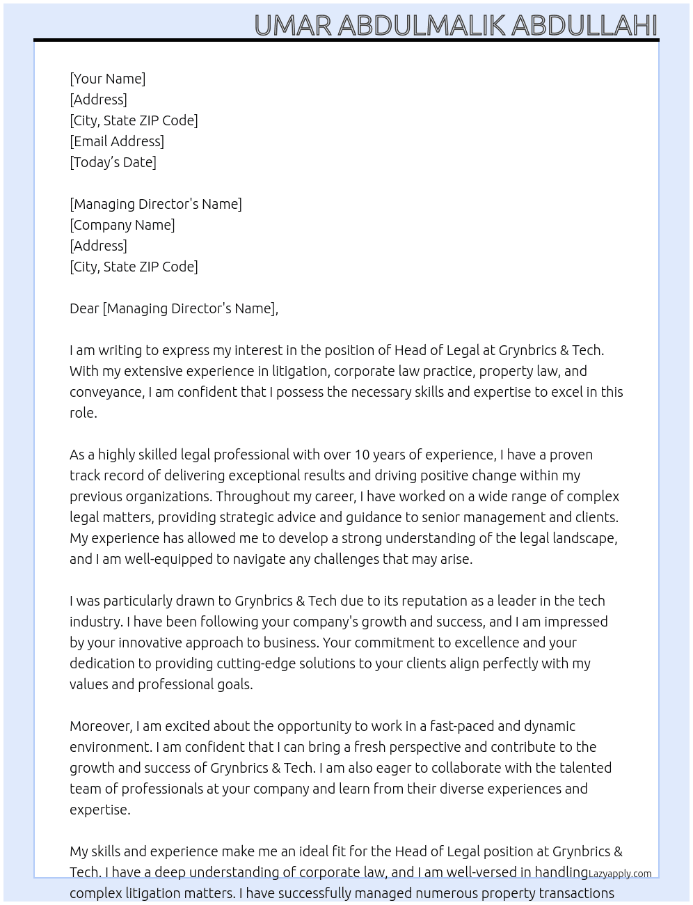 Head Of Legal At Grynbrics & Tech Cover Letter