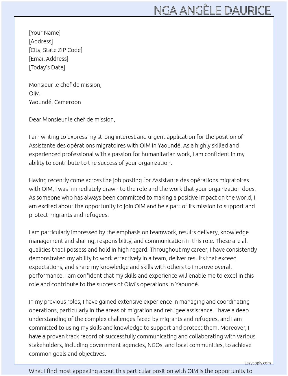 Assistante des opérations migratoires At OIM Cover Letter