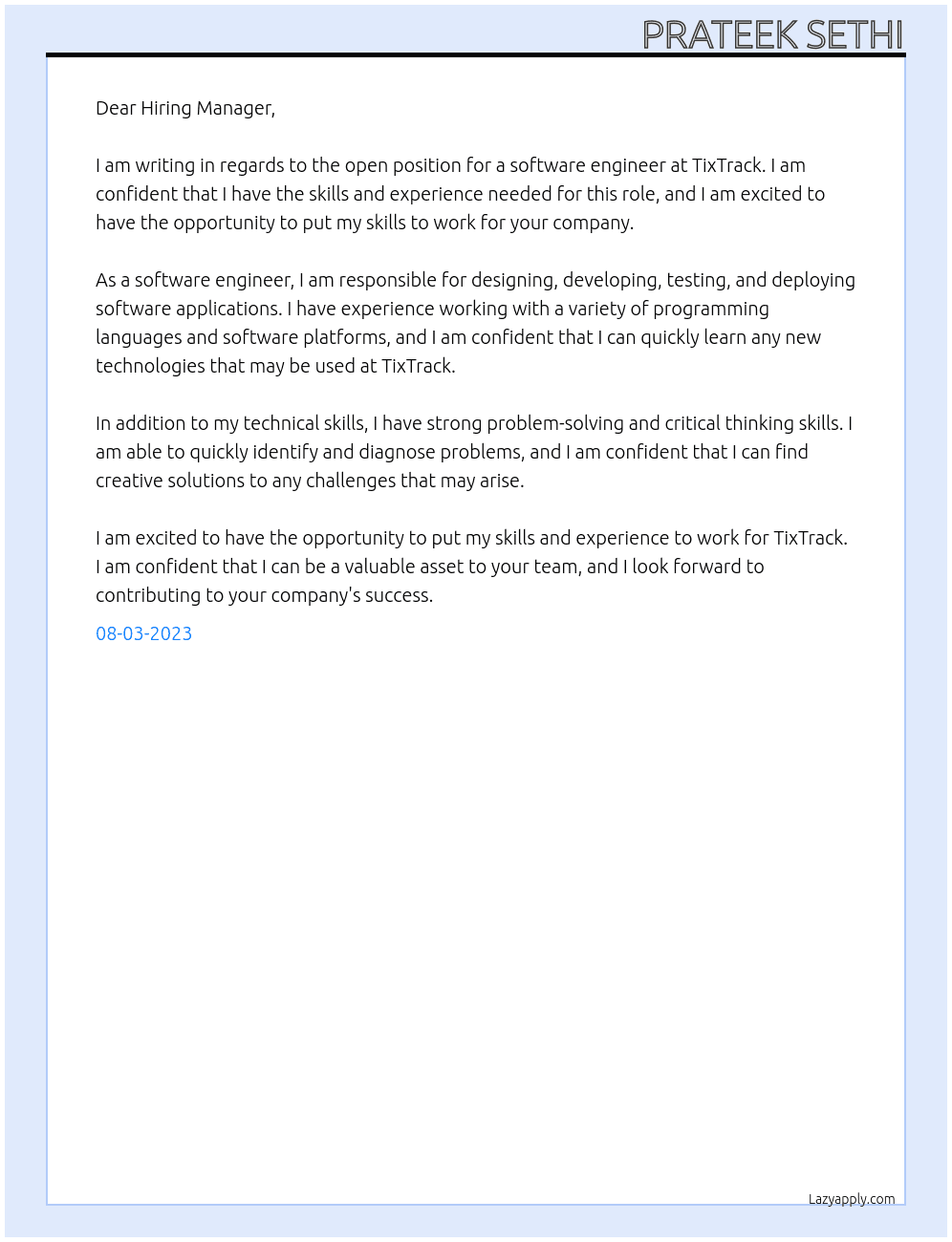 Software Engineer At TixTrack Cover Letter