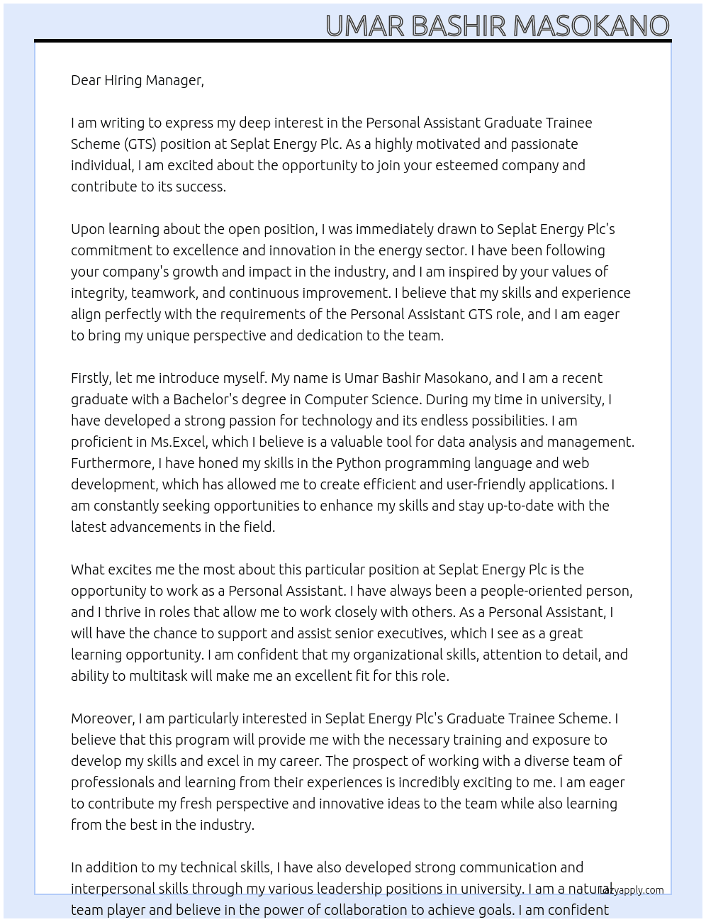 personal AsistanGraduate Trainee Scheme (GTS)ce At Seplat Energy Plc Cover Letter