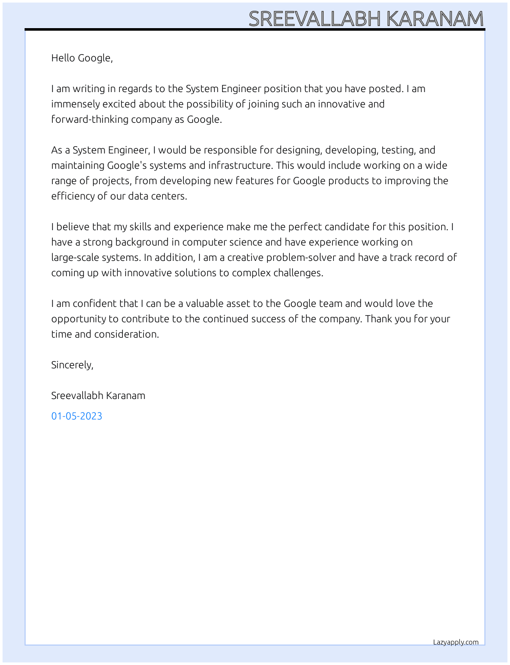 System engineer At Google Cover Letter