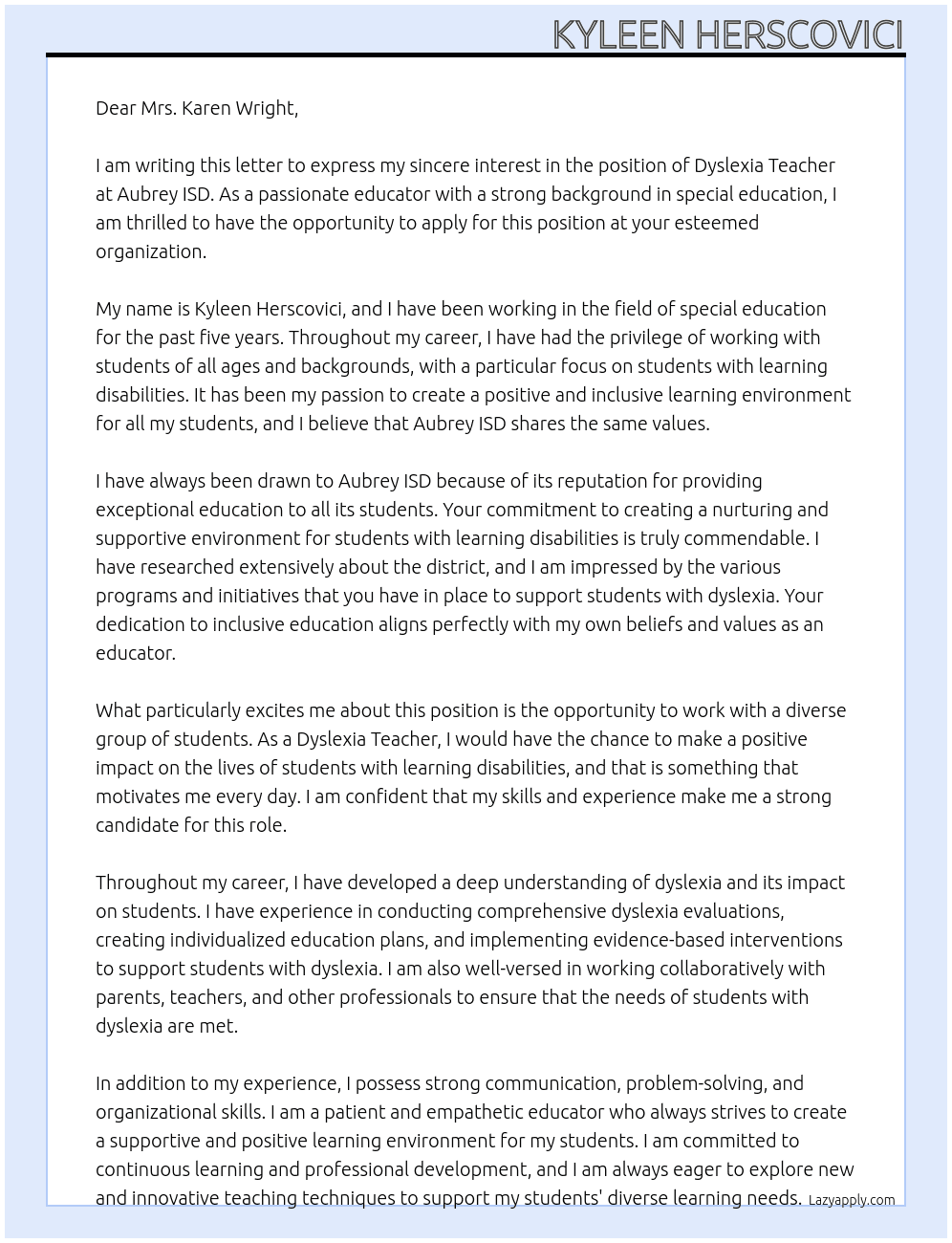 Dyslexia Teacher At Aubrey ISD Cover Letter