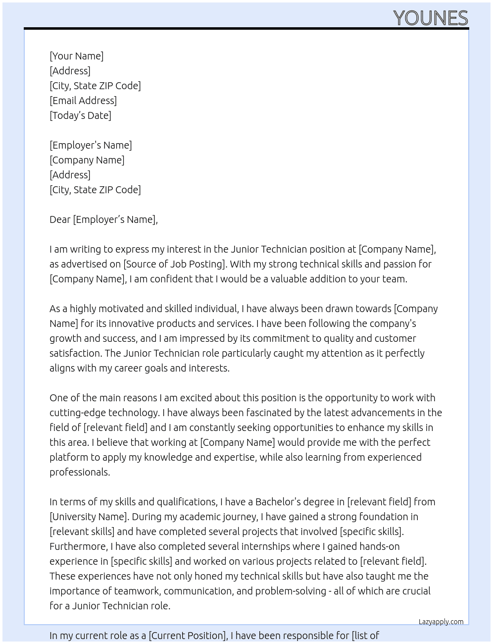 Junior Technician At ss Cover Letter