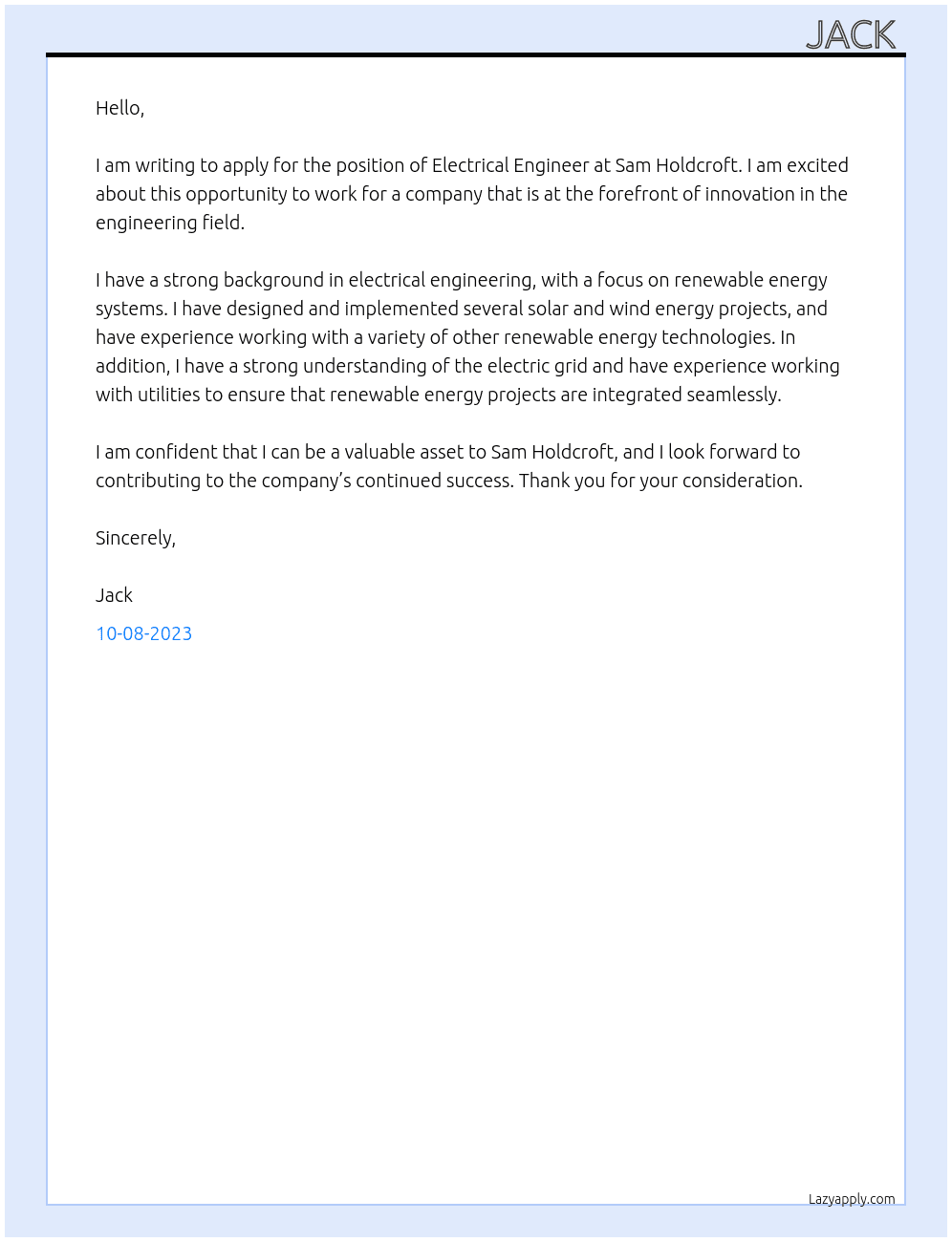 Electrical  At Sam holdcroft  Cover Letter