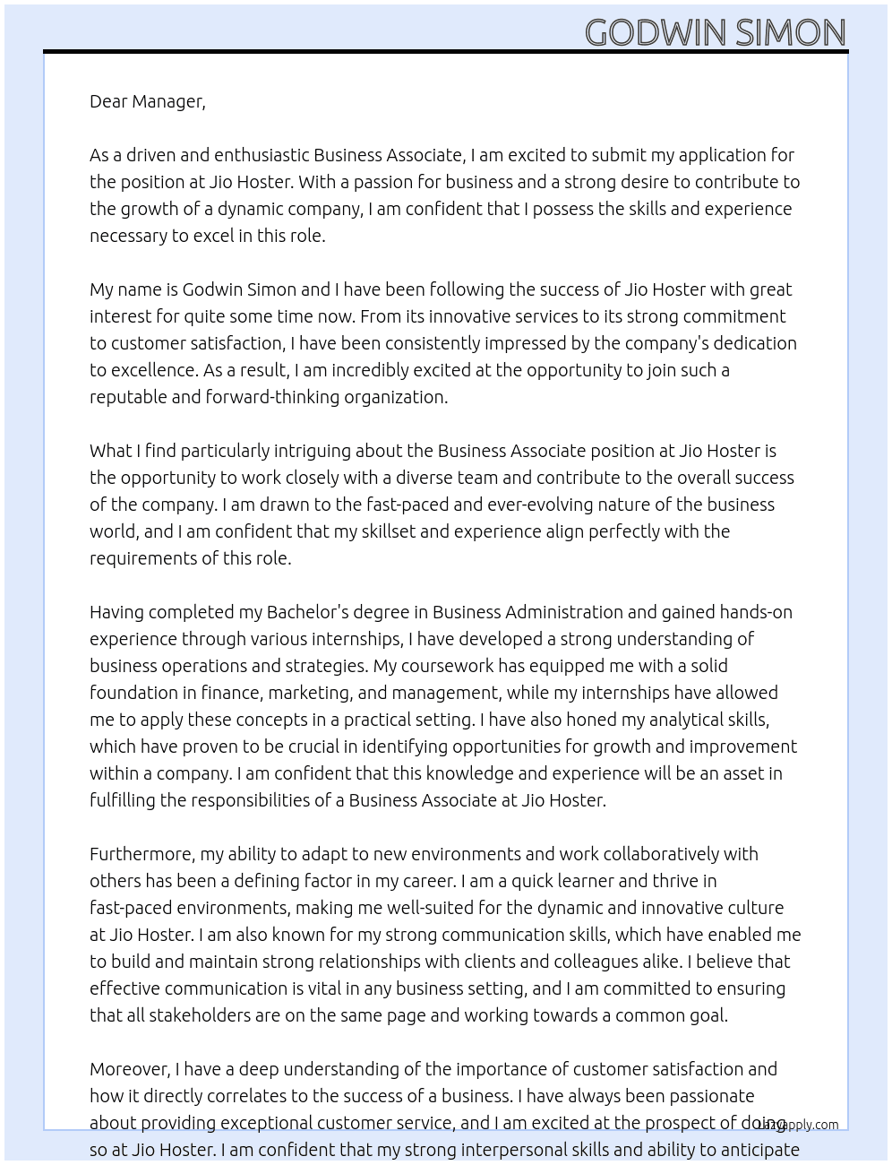 Business associate  At Jio Hoster Cover Letter