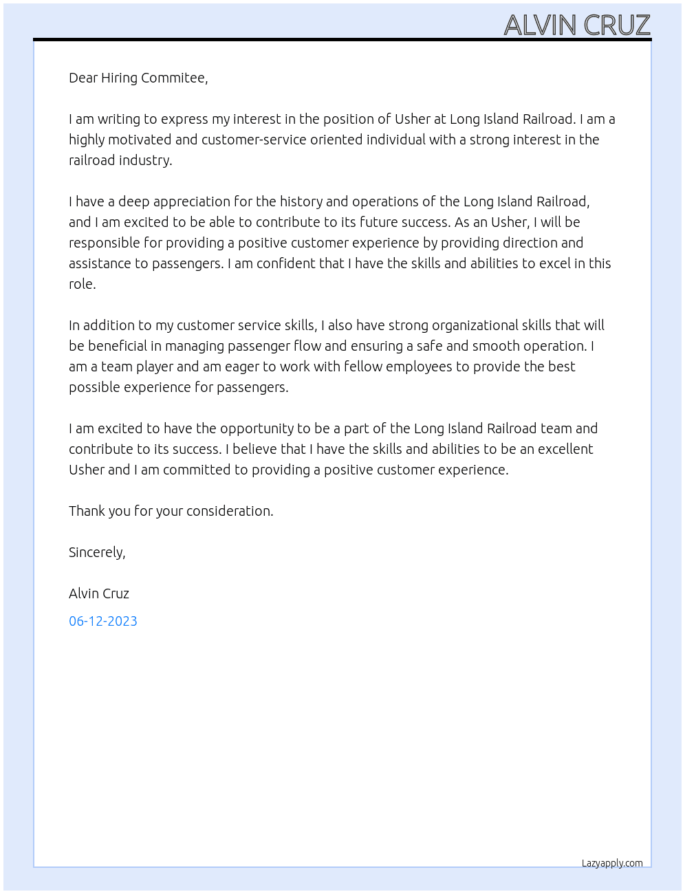 Usher At Long Island Railroad Cover Letter