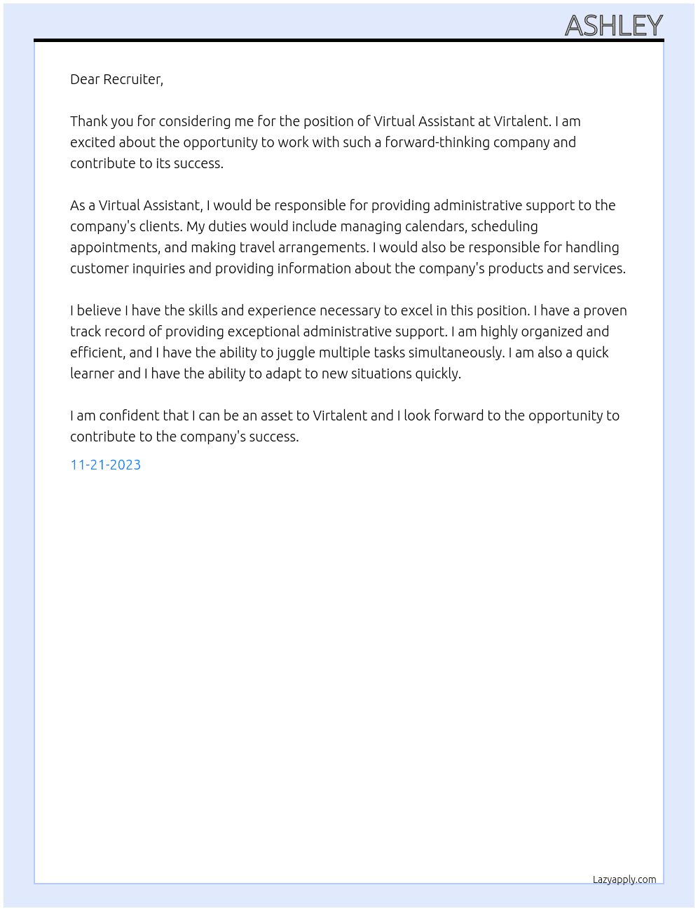 Virtual Assistant At Virtalent Cover Letter