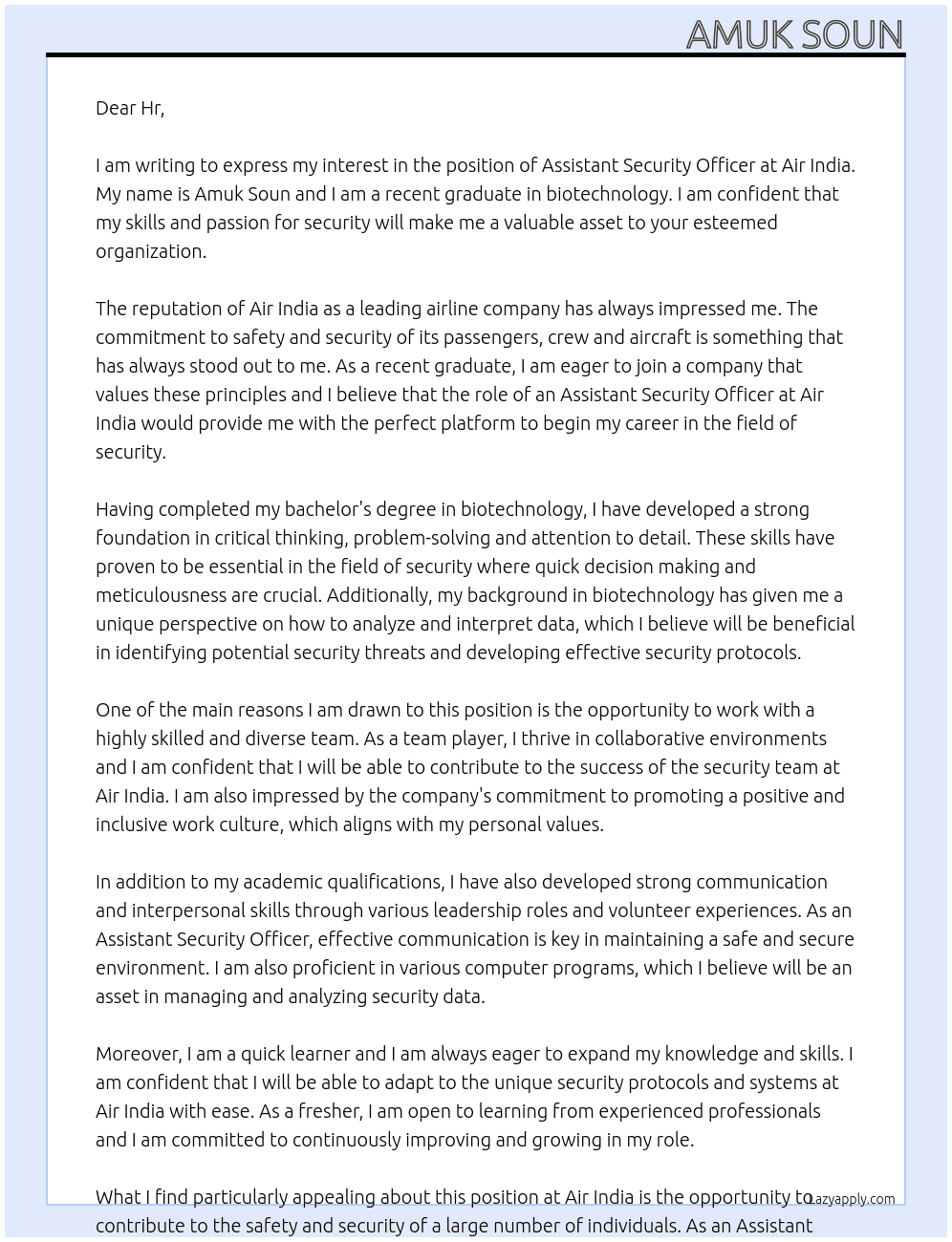 assistant  security officer At Air India Cover Letter
