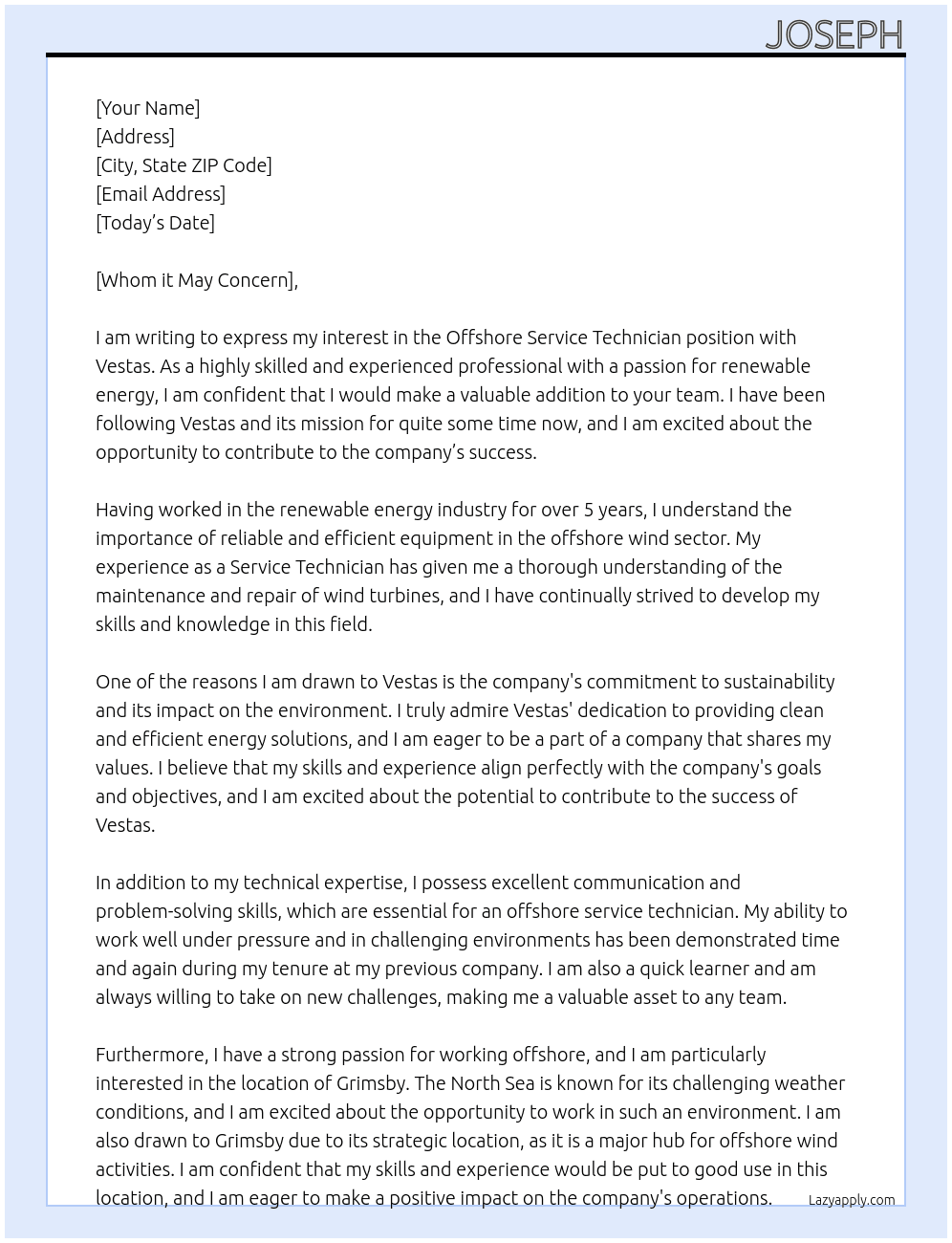 Cover letter for offshore service technician - LazyApply