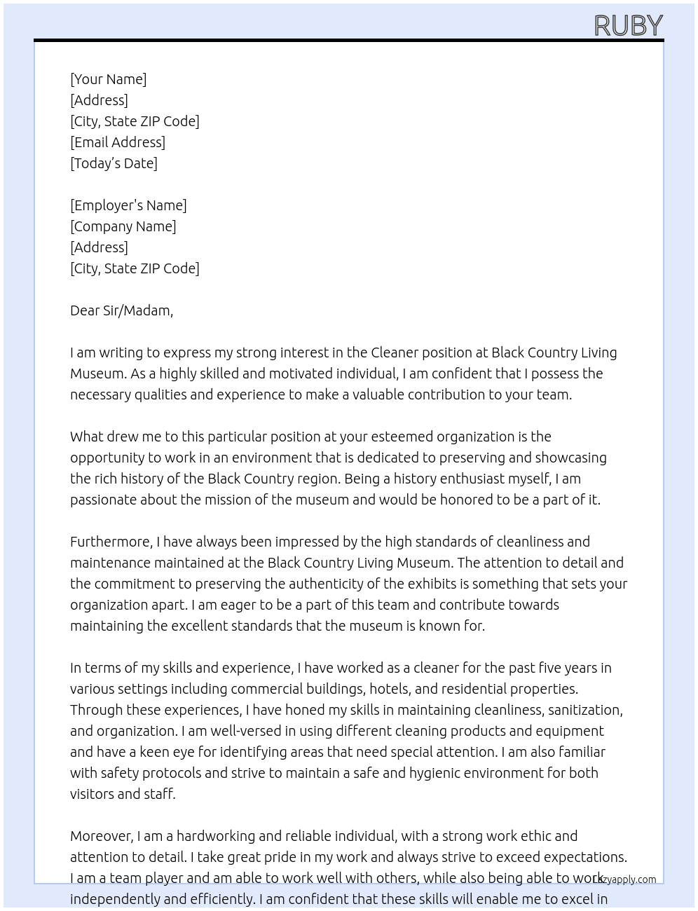 Cleaner At Black country living museum Cover Letter