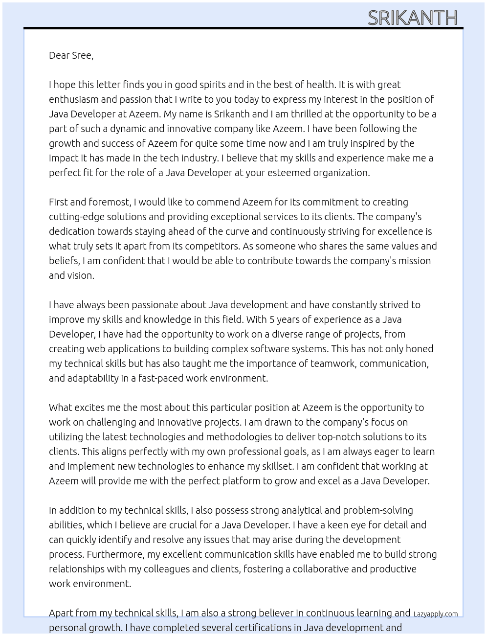 java Devoleper  At Azeem  Cover Letter
