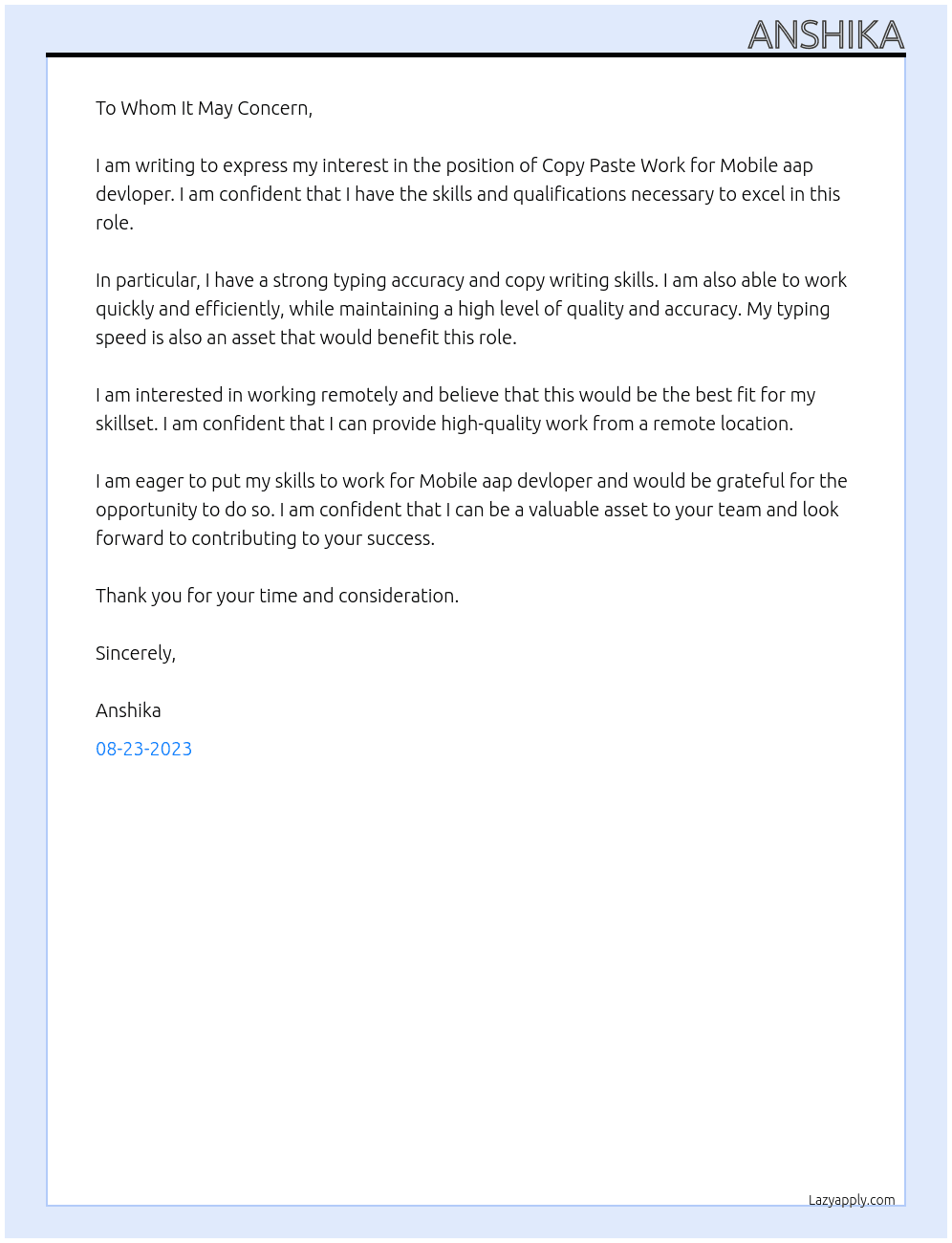 Copy paste work At Mobile aap devloper  Cover Letter
