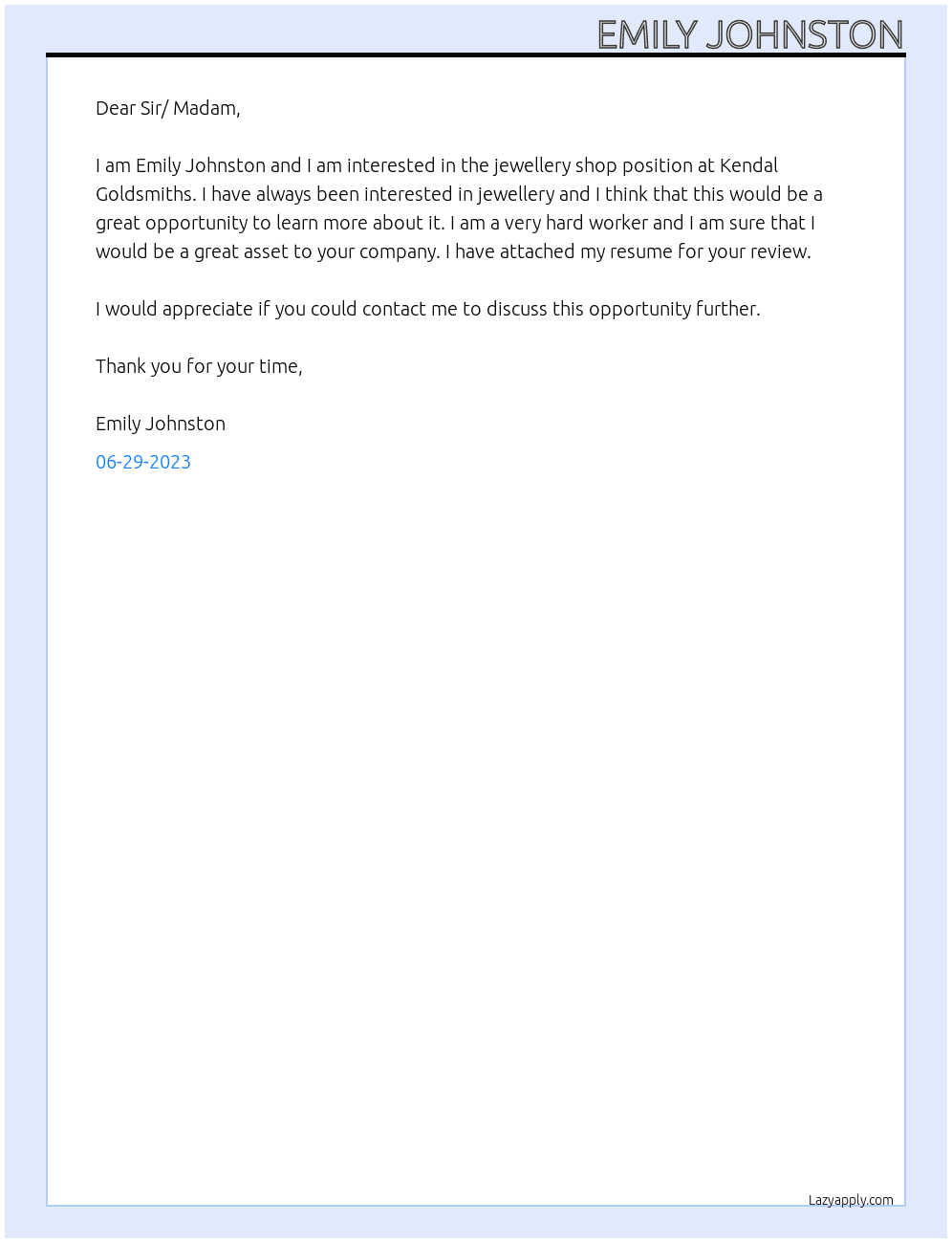 Jewellery Shop At Kendal Goldsmiths  Cover Letter