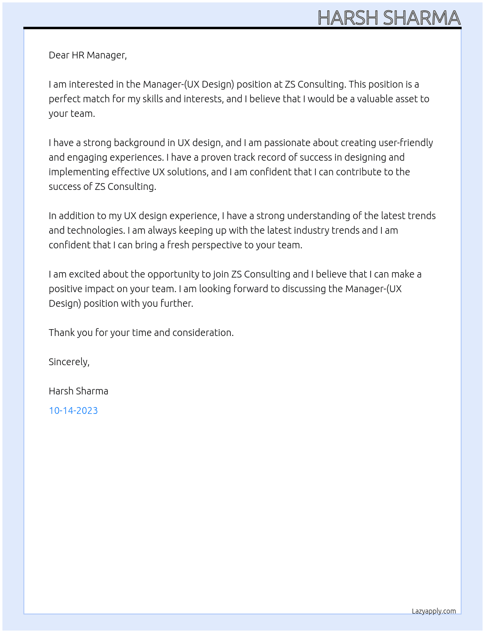 Manager-(UX Design) At ZS Consulting Cover Letter