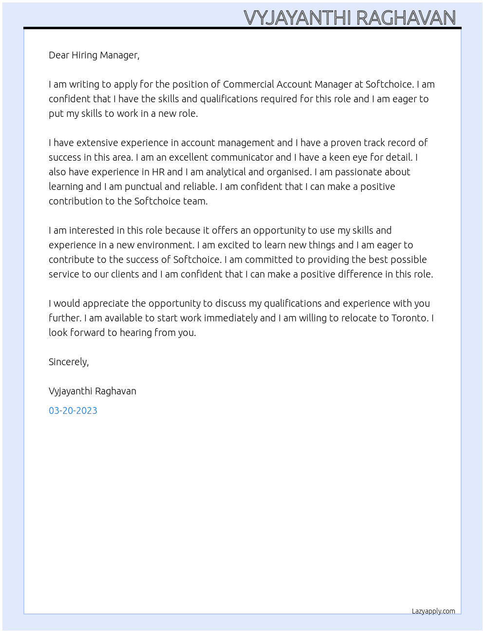 Commercial Account Manager  At Softchoice Cover Letter