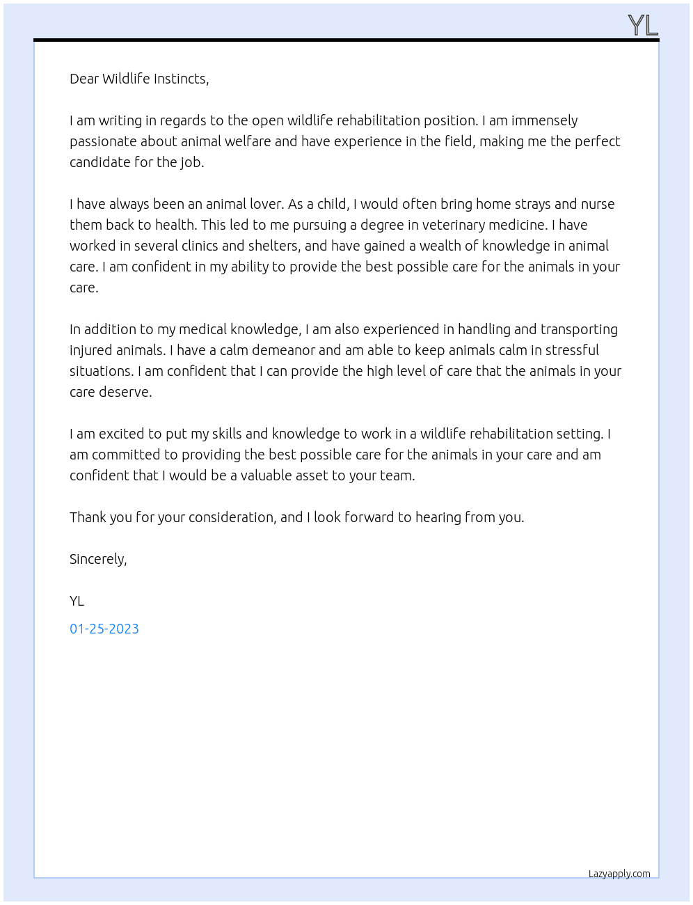 Wildlife Rehabilitation At Wildlife Instincts Cover Letter