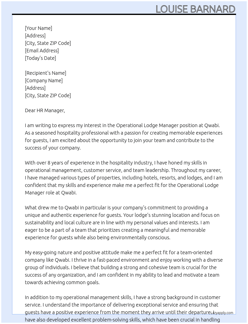 Operational lodge manager At Qwabi  Cover Letter