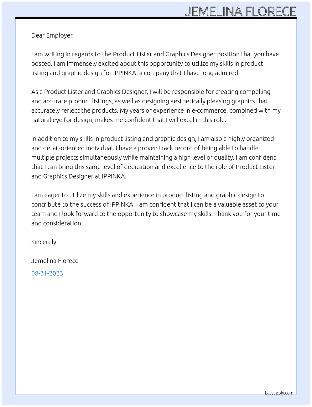 Product Lister and Graphics Designer At IPPINKA Cover Letter