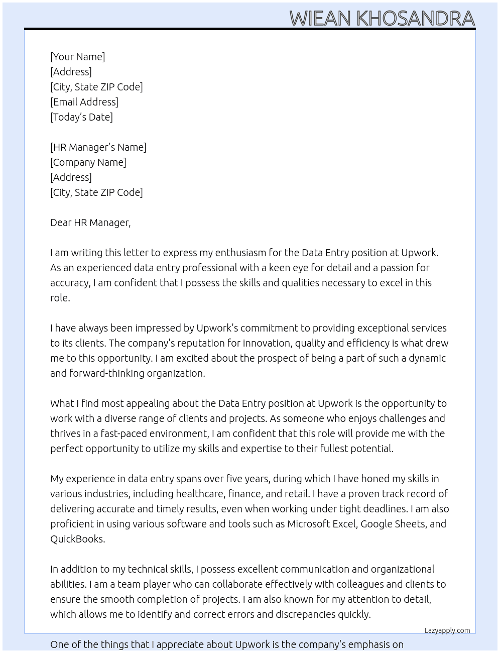 Data Entry At Job at Upwork Cover Letter