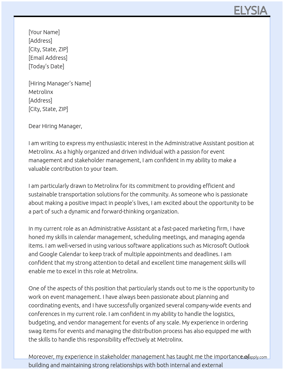 Administrative Assistant At Metrolinx Cover Letter