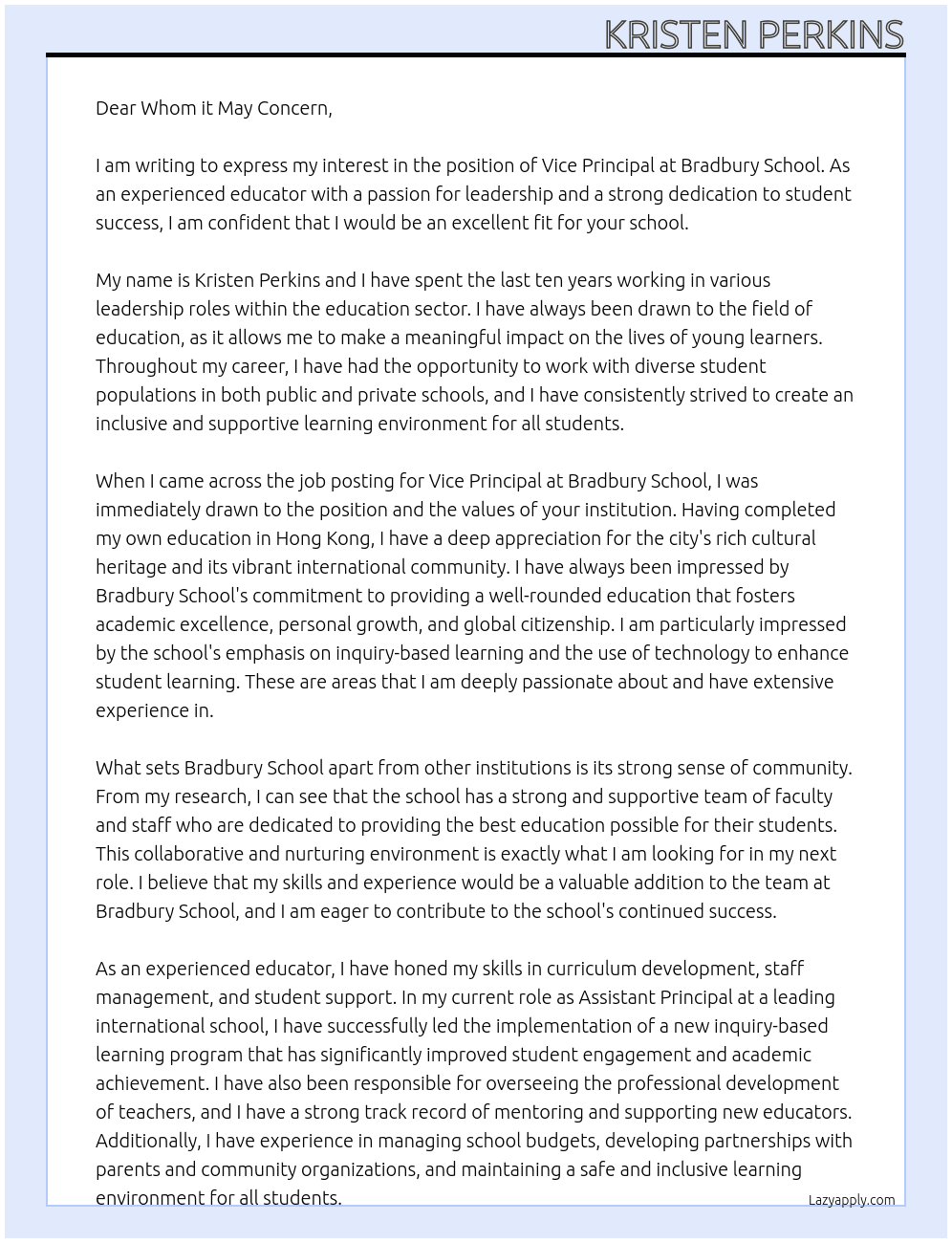 Vice Principal At Bradbury School Cover Letter