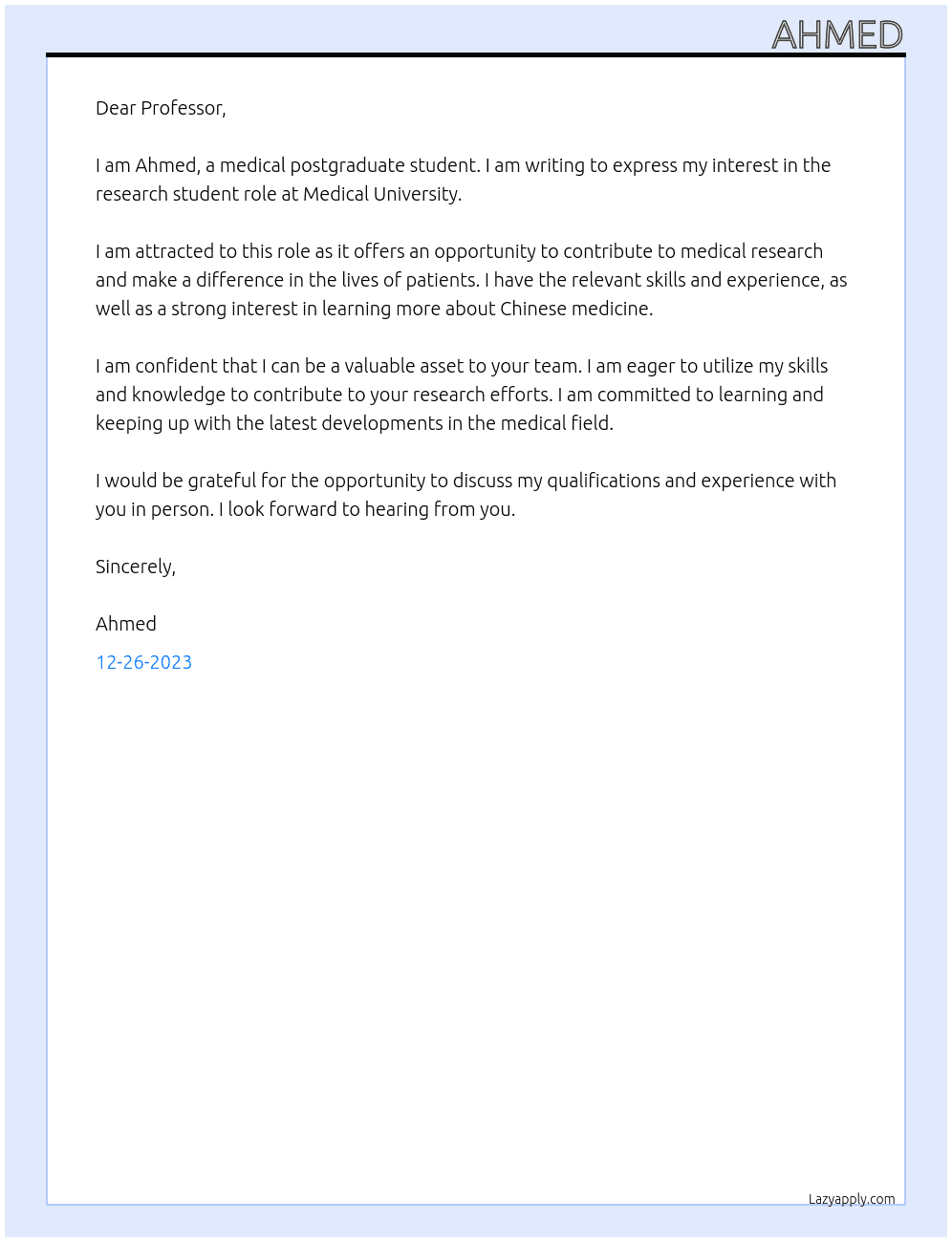 Medical Post Graduate Student At Medical University Cover Letter