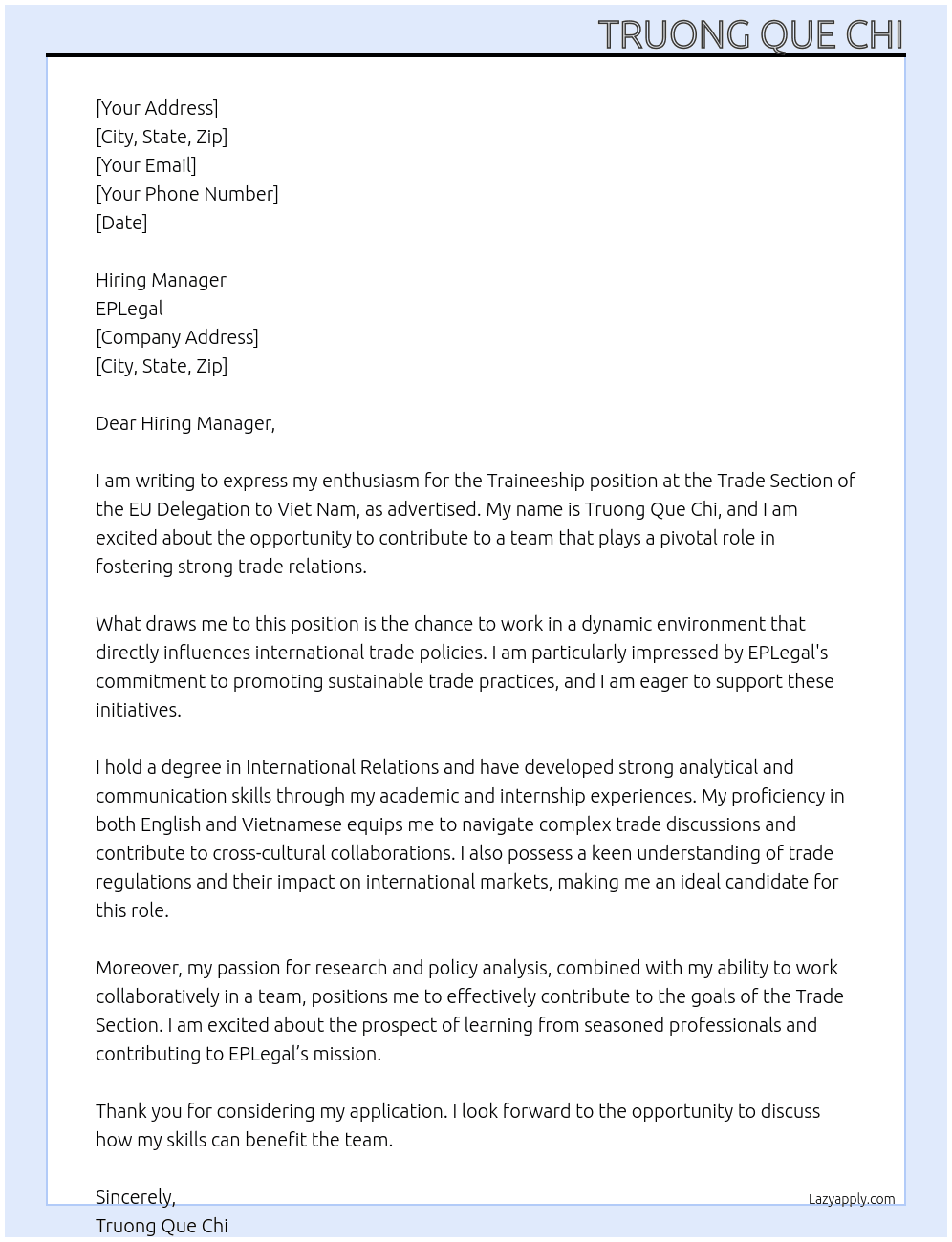 Traineeship at the Trade Section of the EU Delegation to Viet Nam At EPLegal Cover Letter