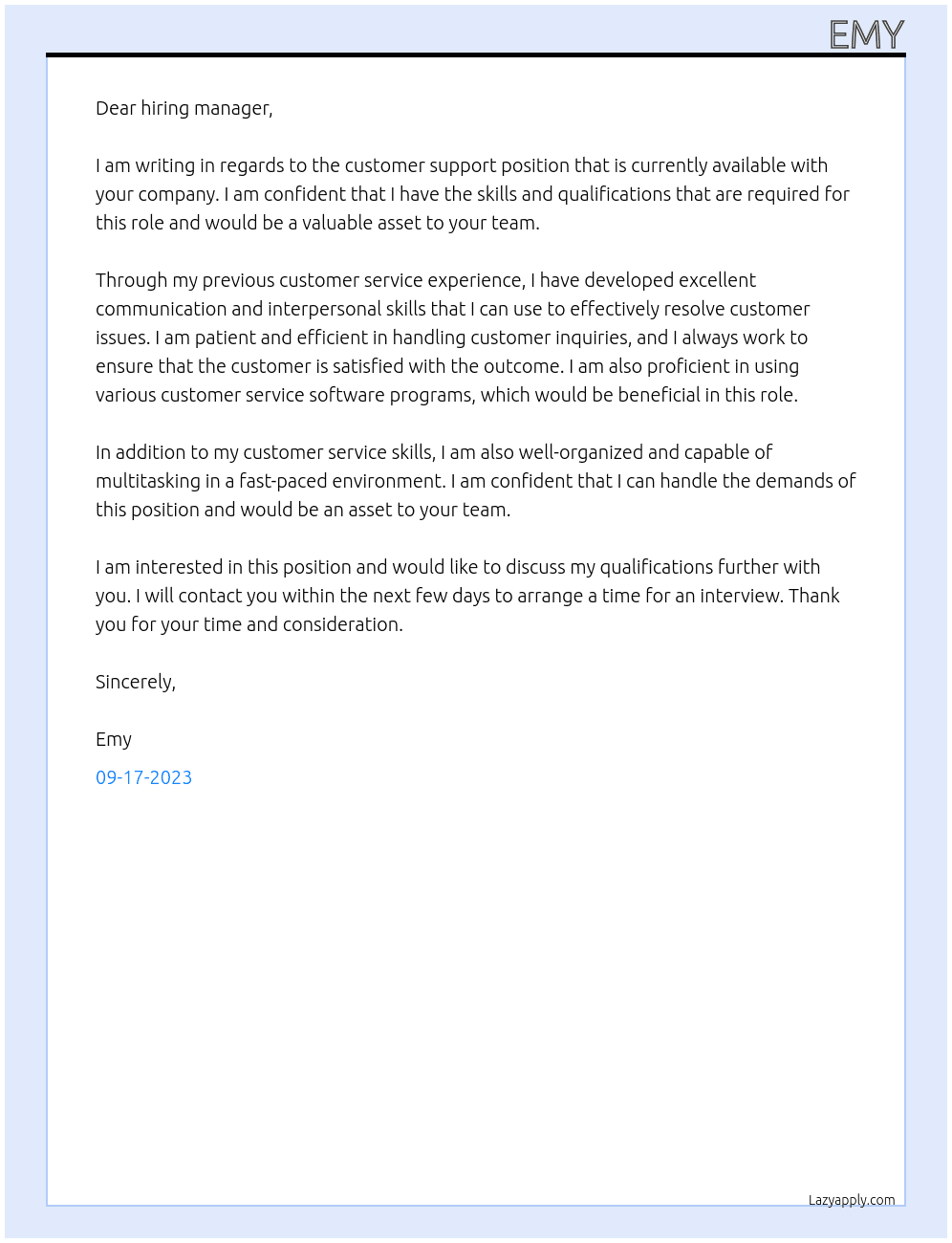 customer support via chat, phone and email At emyuy Cover Letter